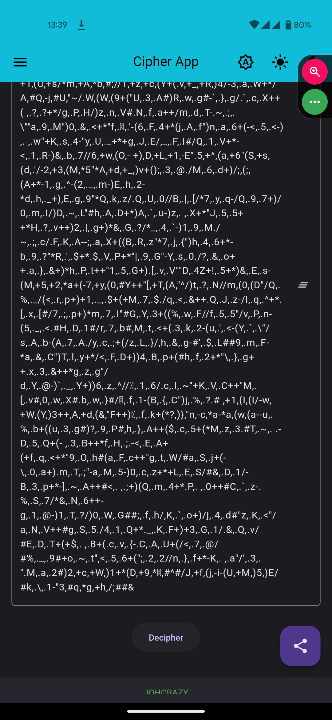 Mobile screen full of ciphered symbols with a Decipher button