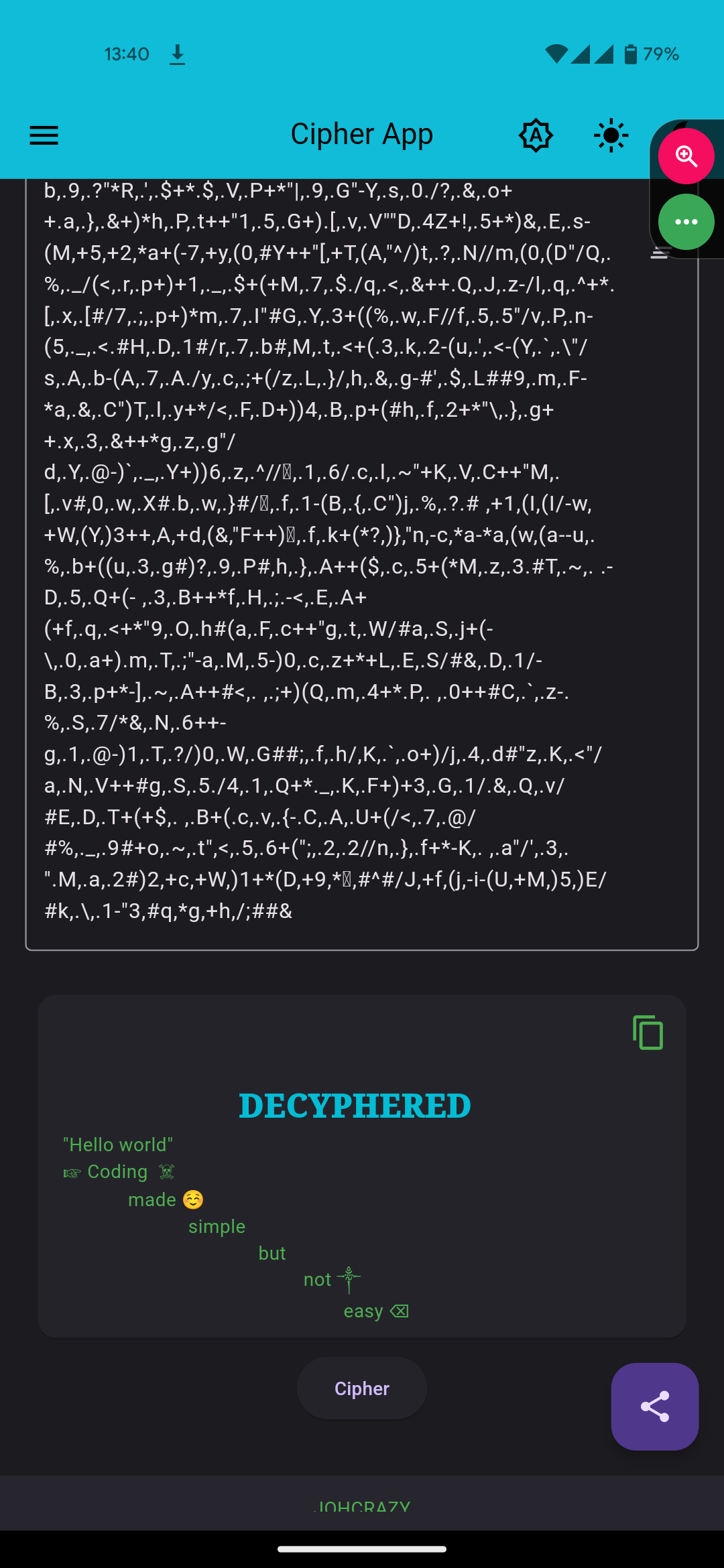 Decyphered output showing the restored original message with emojis